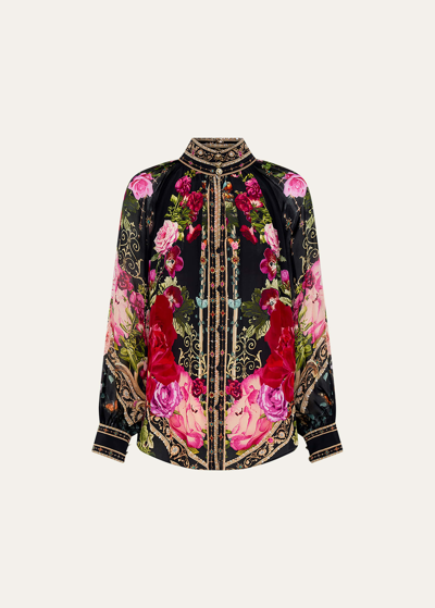 Camilla Raglan Button-front Floral Silk Shirt In Reservation For Love