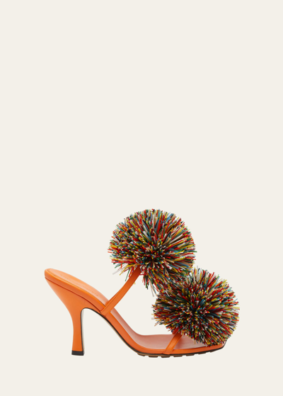 Bottega Veneta Adam Leather Two-band Pom Sandals In Multi Orange