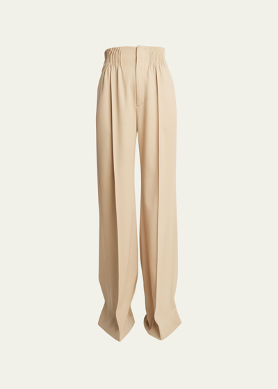 Chloé Soft Wool Pleated Wide-leg Trousers In Pearl Beige