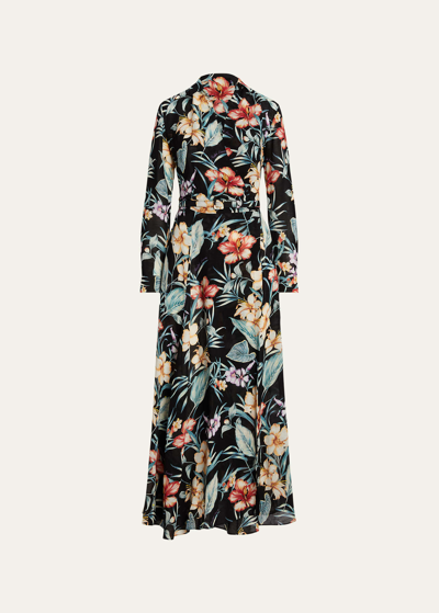 Ralph Lauren Aniyah Delano Tropical Floral-print Linen Voile Maxi Wrap Shirtdress In Black Multi