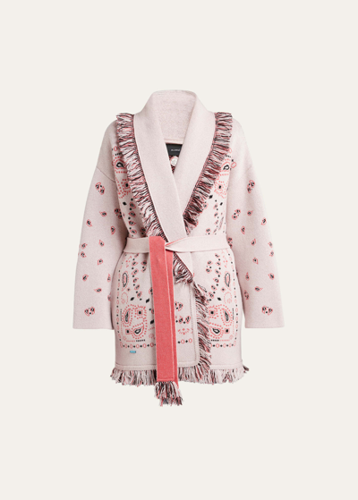 Alanui Jacquard Bandana Fringe Belted Cashmere Cardigan, Pink