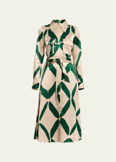 Figue Bassa Diamond-print Satin Midi Dress In Green