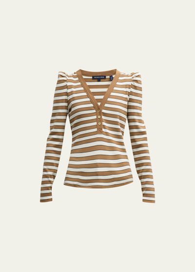 Veronica Beard Jeans Delkab Striped Knit Puff-sleeve Top In Camel Multi