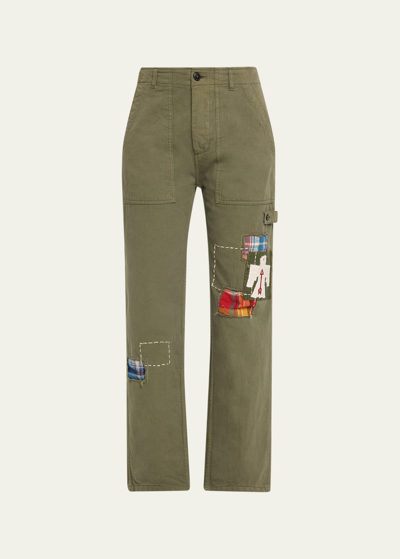 Fortela Jacey Appliquéd Herringbone Cotton Straight-leg Cargo Pants In Green