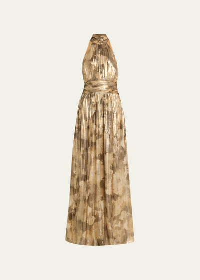 Ramy Brook Ainsley Metallic Blurred Floral-print Halter Maxi Dress In Soft Gold Blurred