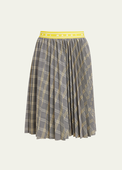 Marni Plaid Wool Pleated Midi Skirt With Logo Elastic Waistband In Lemonyell