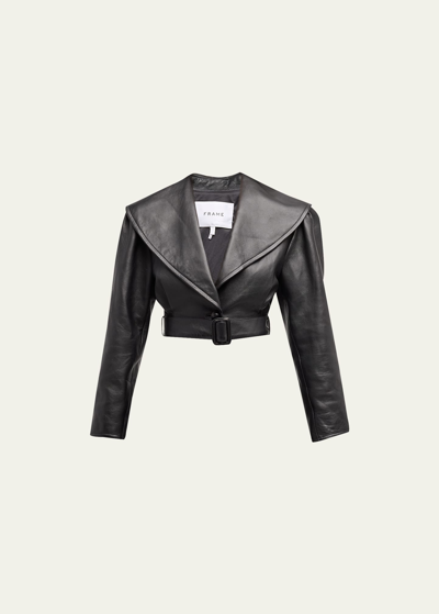 Frame Belted Crop Leather Jacket In Black