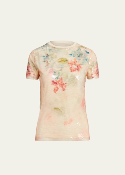 Ralph Lauren Sequin Wildflower-print Layered Short-sleeve T-shirt In Butter