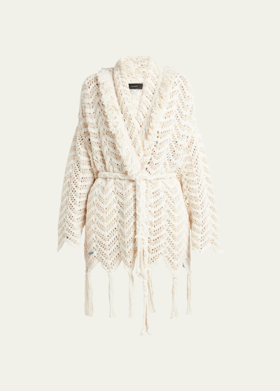Alanui Natural Chevron Belted Cardigan With Fringe In Off White