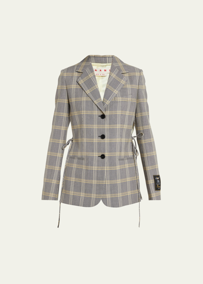 Marni Plaid Raw-edge Side Tie Cropped Boxy Blazer In Lemonyell