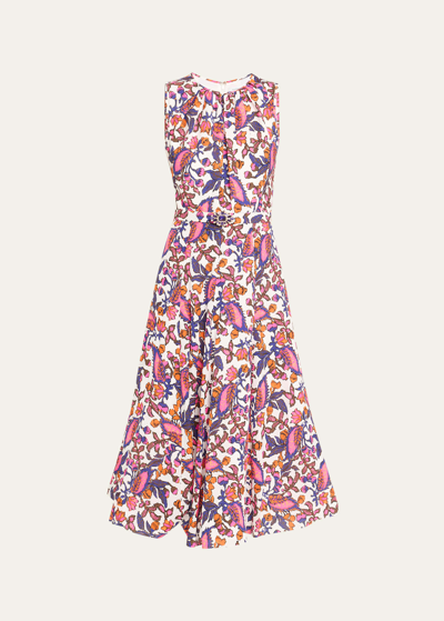 Andrew Gn Leaf-print Flounce Belted Silk Midi Dress In White