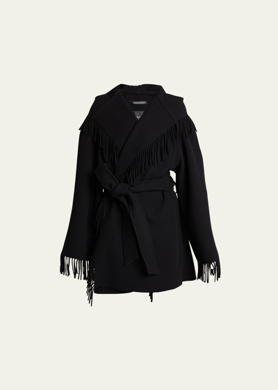 Balenciaga Hooded Fringe Oversized Self-tie Wool Jacket In Black