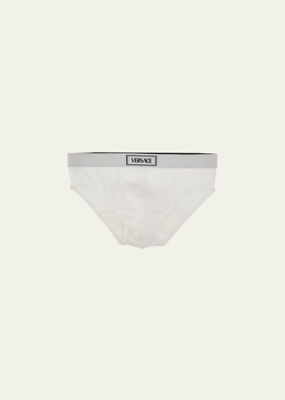 Versace Men's Ribbed Logo Briefs In 1w000-optical Whi