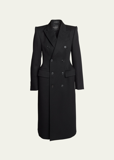Balenciaga Double-breast Hourglass Wool Coat In Noir