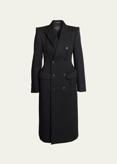 Balenciaga Double-breast Hourglass Wool Coat In Black