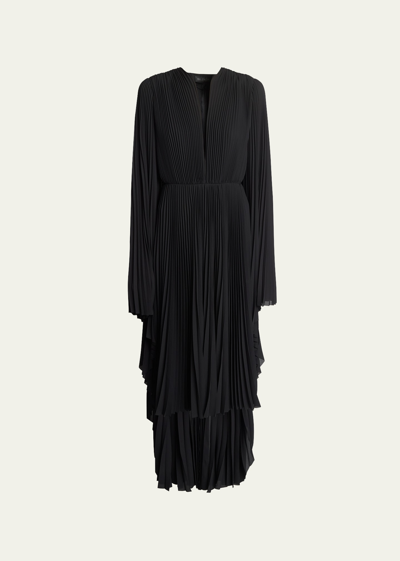 Balenciaga Plunge Pleated Midi Dress With Cape Back In Noir