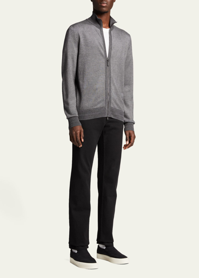 Brioni Men's Pique Full-zip Sweater In Gray