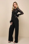LULUS LIMITLESS RADIANCE BLACK SEQUIN FEATHER LONG SLEEVE JUMPSUIT