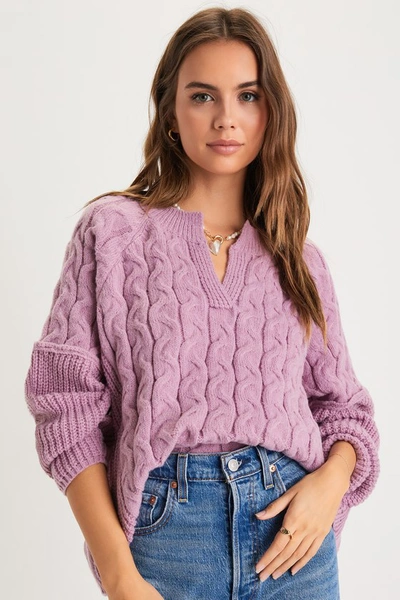 Lulus Toasty Charm Lavender Cable Knit Notched Oversized Sweater In Purple