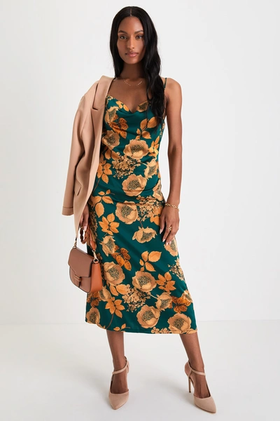 Lulus Favorite Icon Green Floral Satin Cowl Neck Slip Midi Dress