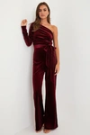 LULUS EXTRAORDINARY VIBE BURGUNDY VELVET ONE-SHOULDER JUMPSUIT