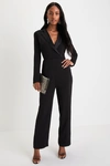 Lulus Impressive Presence Black Collared Straight Leg Jumpsuit In Black