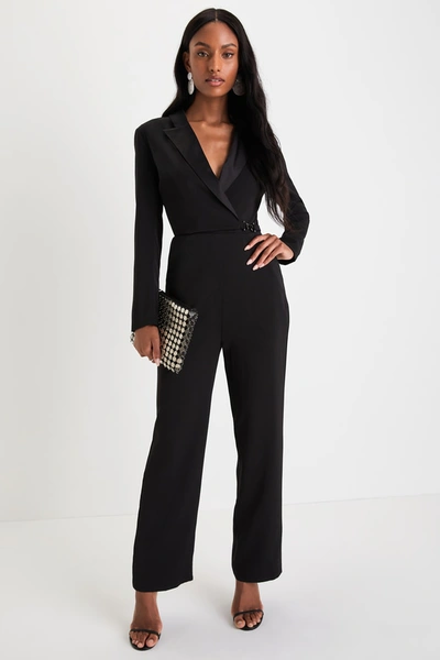 Lulus Impressive Presence Black Collared Straight Leg Jumpsuit