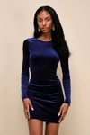 Lulus Glittery Glee Royal Blue Sparkly Backless Long Sleeve Mini Dress In Royal Blue
