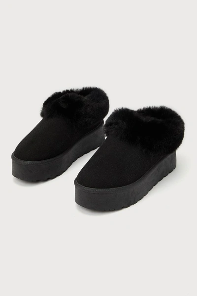 Lulus Lahoma Black Faux Fur Flatform Slippers