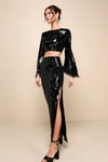 Lulus Glowing Icon Black Sequin Feather Two-piece Maxi Dress In Black