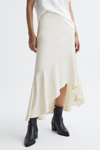 Reiss Ivory Satin High Rise Midi Skirt In White