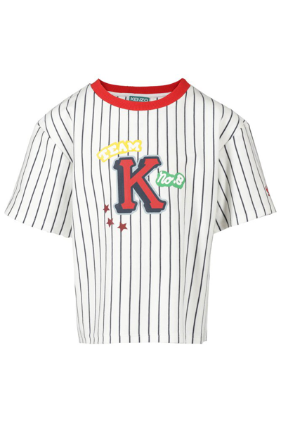 Kenzo Kids' Logo贴花条纹t恤 In White