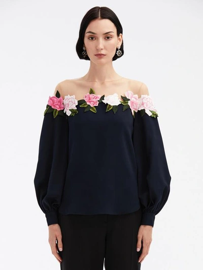 Oscar De La Renta Illusion Neck Gardenia Blouse In Navy