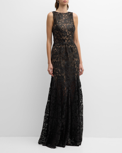 Dress The Population Black Label Laurel Sleeveless Floral Lace A-line Gown In Black-nude