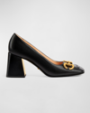 Gucci Baby Leather Horsebit Block-heel Pumps In 1000 Nero