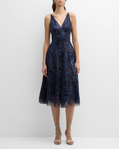 Dress The Population Black Label Halle Sleeveless Sequin Embroidered Midi Dress In Navy-nude