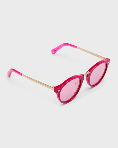 Karen Walker High Bridge Metal & Acetate Round Sunglasses In Fuchsia Gold