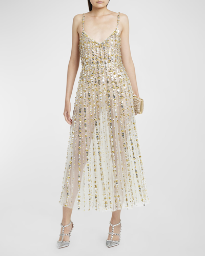 Valentino Sequin Embroidered Sheer Cocktail Dress In Silver Multi