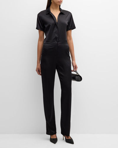 Rivet Utility Icon Silk Short-sleeve Jumpsuit In Black Silk