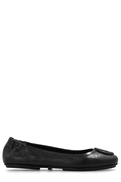 Tory Burch Minnie Logo Embellished Ballerina Shoes In Black
