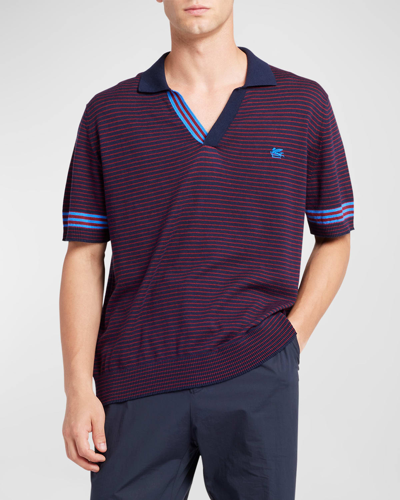 Etro Men's Oversized Striped Knit Polo Shirt In Multicolour On Bl