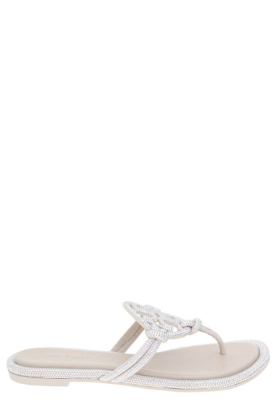 Tory Burch Miller Pavé Embellished Thong Slippers In White