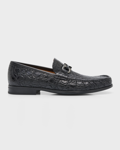 Ferragamo Men's Grandioso 3 Croc-effect Bit Loafers In Nero