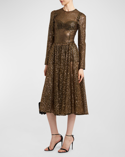 Dolce & Gabbana Micro Sequin-embellished Tulle Fit-flare Midi Dress In Gold