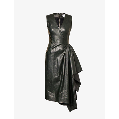 Bottega Veneta Draped Sleeveless Leather Midi Dress In Forest