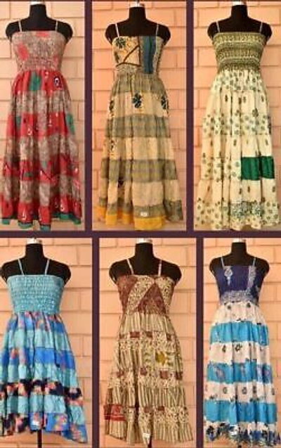 Pre-owned Sundress Indian 20 Pc Vintage Sari Silk Maxi Beach  Boho Gypsy Dress Hippie