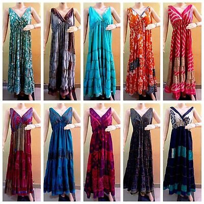 Pre-owned Sundress Indian 25 Pc Vintage Sari Silk Maxi Beach  Boho Gypsy Dress Hippie