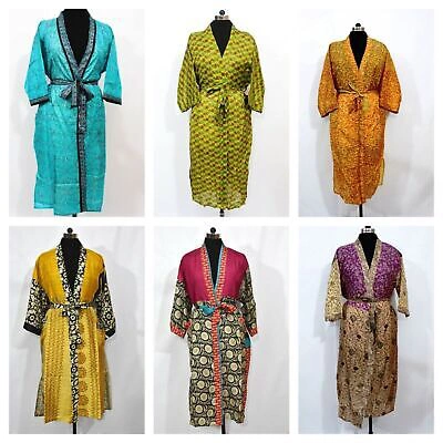 Pre-owned Handmade 25pc Indian Vintage Floral Silk Sari Kimono Multi Sleepwear Kimono Rob Gown Maxi