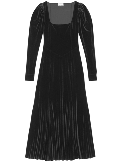 Ganni Velvet Jersey Puff Sleeve Dress Black