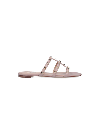 Valentino Garavani Rockstud Metallic City Flat Slide Sandals In Poudre